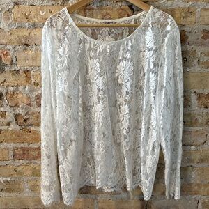 Y2K VTG floral lace long sleeve top white XL